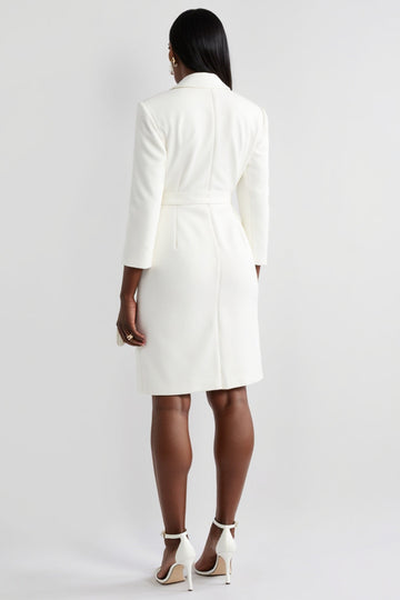 White Long Sleeves Notched Lapel Sheath Midi Work Dress with Belt